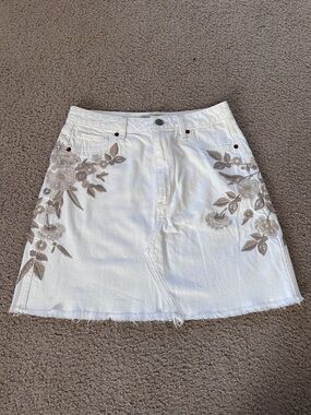 Abercrombie & Fitch Cream Denim Mini Skirt with Taupe Floral Embroidery